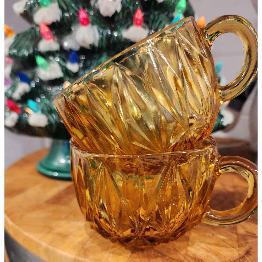 Vintage Amber Glass Cups Diamond Cut Starburst Set of 2 Mid Century Retro 70s